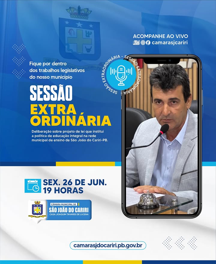 Câmara de São João do Cariri realiza sessão extraordinária nesta sexta-feira