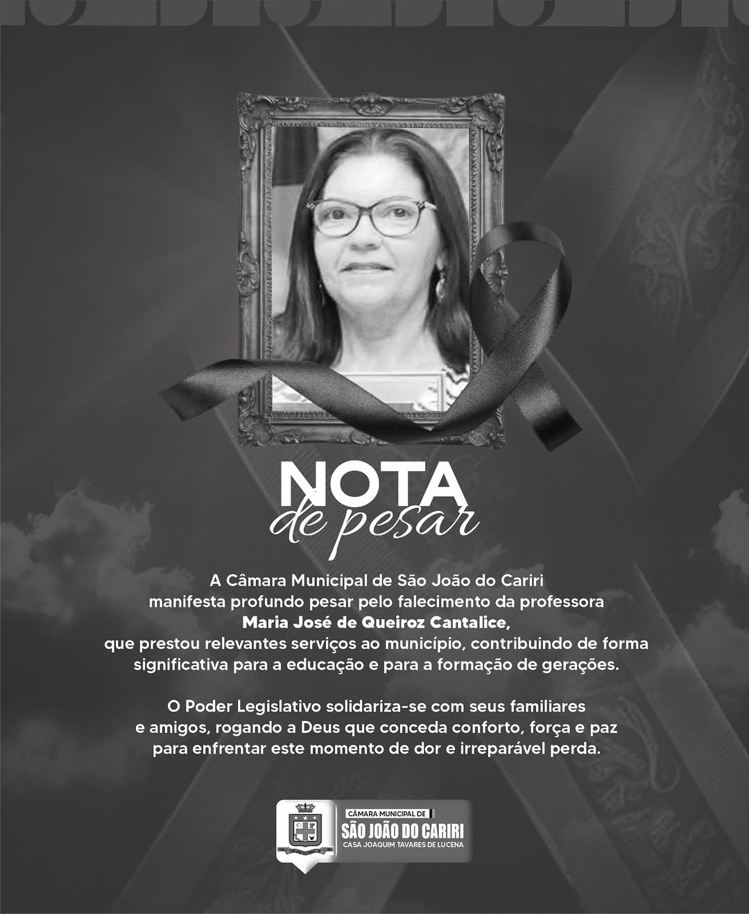 Câmara Municipal de São João do Cariri manifesta pesar pelo falecimento da professora Maria José de Queiroz Cantalice