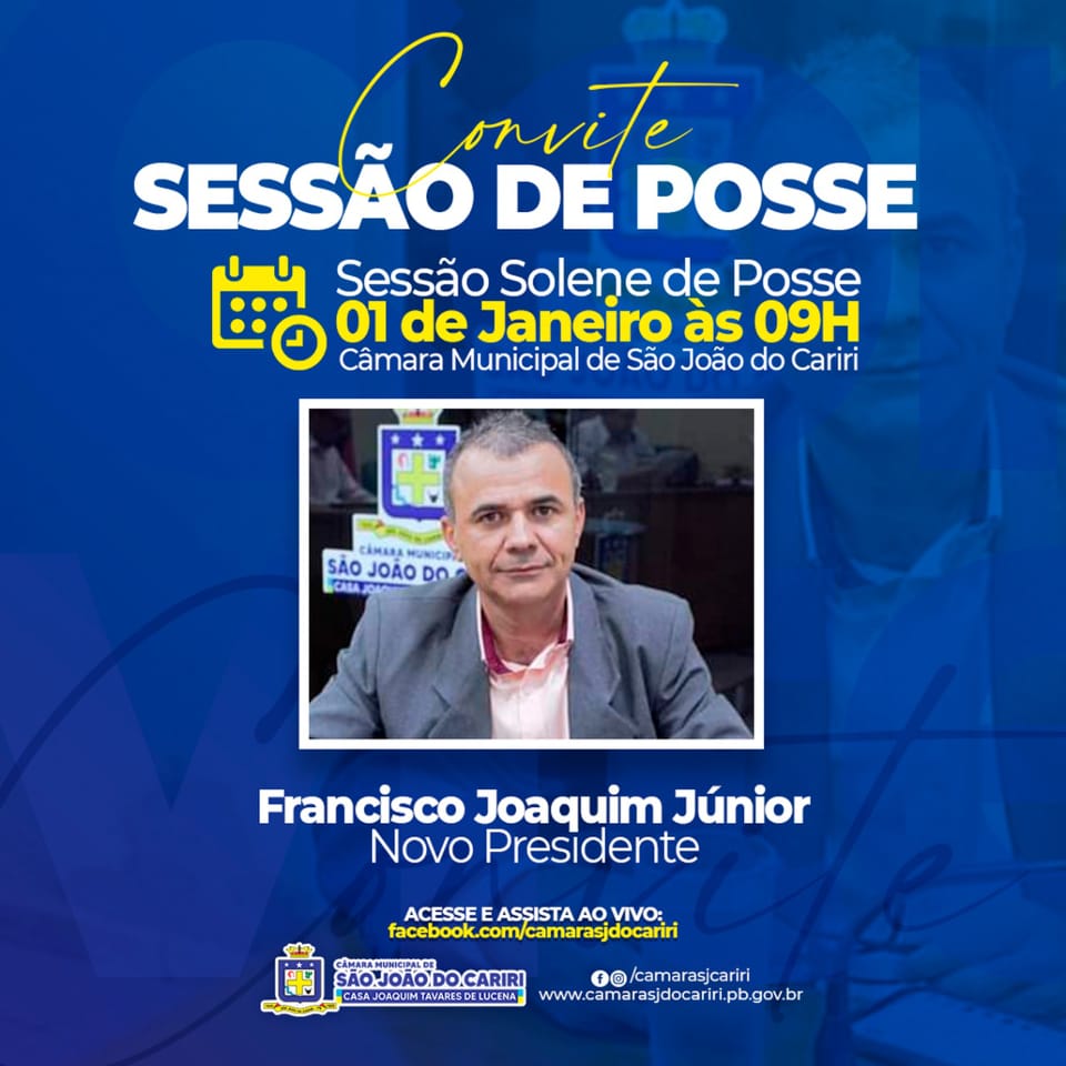 Câmara de São João do Cariri dará posse ao novo vereador presidente Francisco Júnior neste domingo