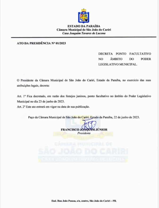 Câmara de São João do Cariri decreta ponto facultativo nesta sexta-feira, véspera de São João