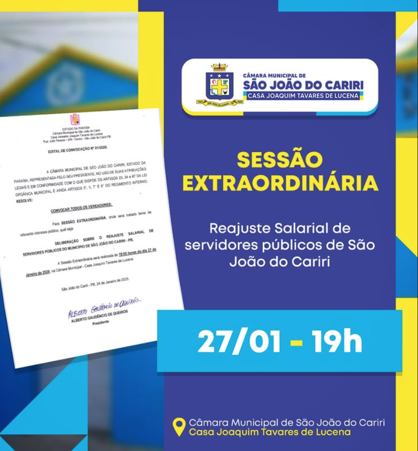 Câmara de São João do Cariri convoca sessão extraordinária para votação de reajustes salariais dos servidores municipais