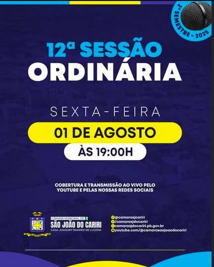 Câmara Municipal de São João do Cariri realiza 12ª sessão ordinária nesta sexta-feira 01/08