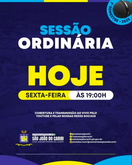 Câmara Municipal de São João do Cariri realiza sessão ordinária nesta sexta-feira