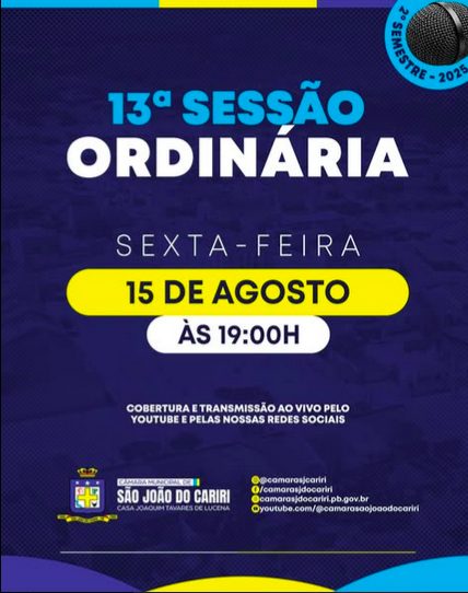 Câmara Municipal de São João do Cariri realiza a 13ª sessão ordinária nesta sexta-feira 15/08