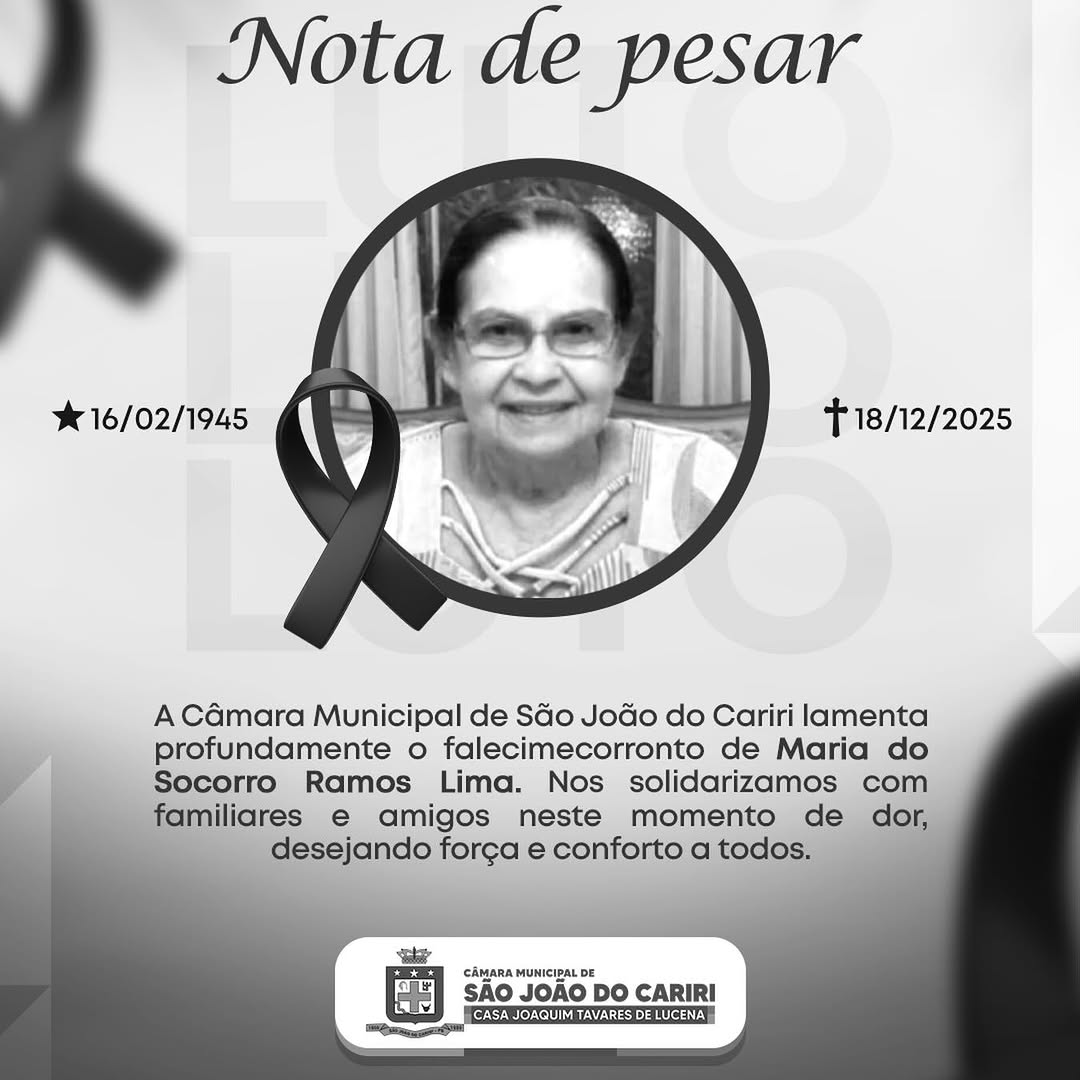 Nota de Pesar: Câmara de São João do Cariri lamenta morte de Maria do Socorro
